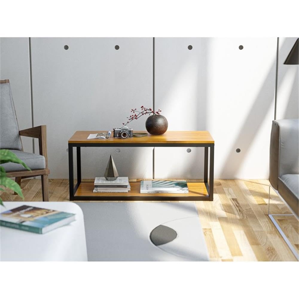 East West Furniture NWCTB01 Norwich Coffee Table - Rectangle Mid Century Modern Side Table with 2 Tier for Bedroom, 18x20 Inch Inch, Powder Coating Black Frame and Brown Wood Laminate Top